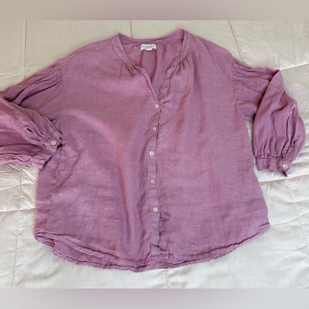 Velvet by Graham & Spencer Rose Pink linen flowy peasant blouse 3/4 sleeve sm EC - Picture 2 of 9
